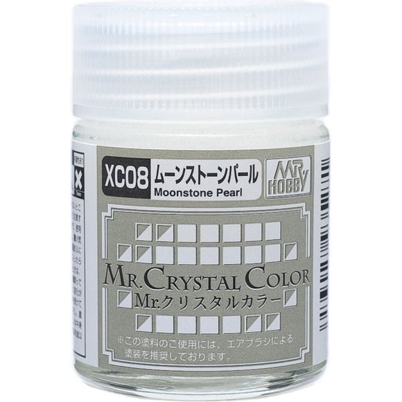 Mr. Crystal Color can offer a totally different dimension of metallic sense from existing pearl paint or metallic paint. The pearl color shows up in different shades depending on whether the base color is black or white. Moreover, when clear paint is used for over coating, an extra special metallic texture can be achieved. XC08 Crystal Color Moonstone Pearl. 18ml Bottle.