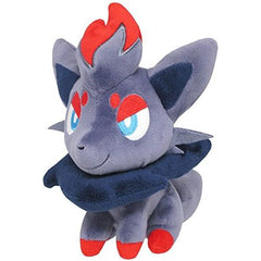 Zorua is a slate gray, foxlike Pokémon with red and black accents. Its ears are triangular with dark insides, and it has a large tuft of fur tipped with red on top of its head. It has greenish blue eyes with red eyelids. There are circular, red markings above the eyes that resemble eyebrows. Its muzzle is short and tapered with two small fangs seen in the upper jaw when its mouth is open. Zorua possesses a ruff of black fur around its neck and four short limbs tipped with red. Its tail is short and bushy. Z